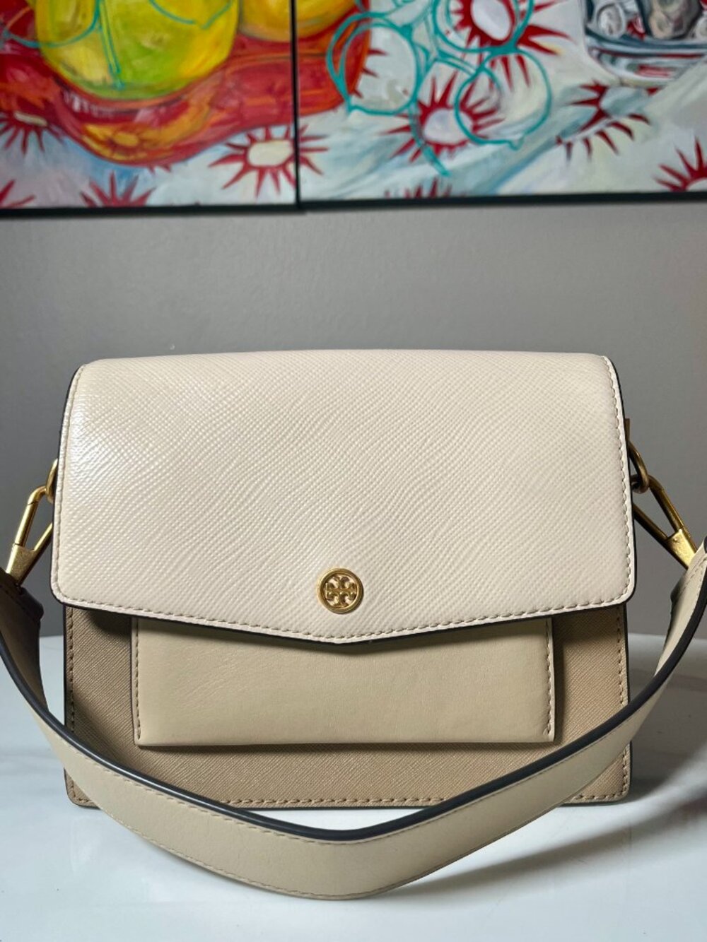 Tory Burch Robinson Color Block Saffiano Leather Flap Shoulder Bag Ivory/Taupe - Picture 3 of 16